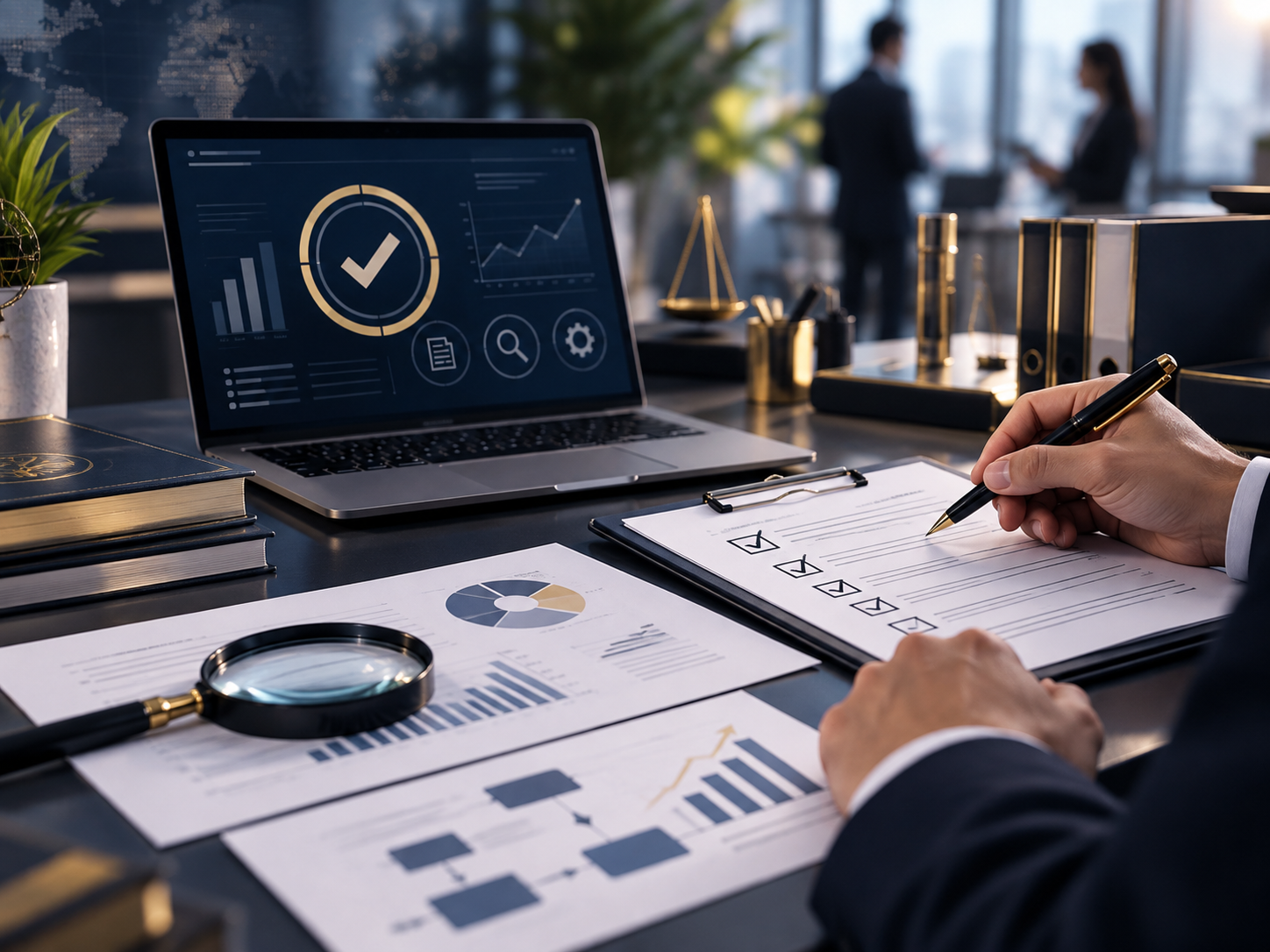 Spațiu profesional pentru audit intern ISO 9001, cu documente și analiză