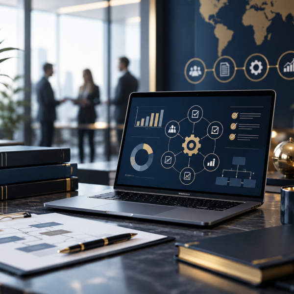 Spațiu profesional pentru consultanță ISO 9001, cu dashboard de procese, calitate și risc